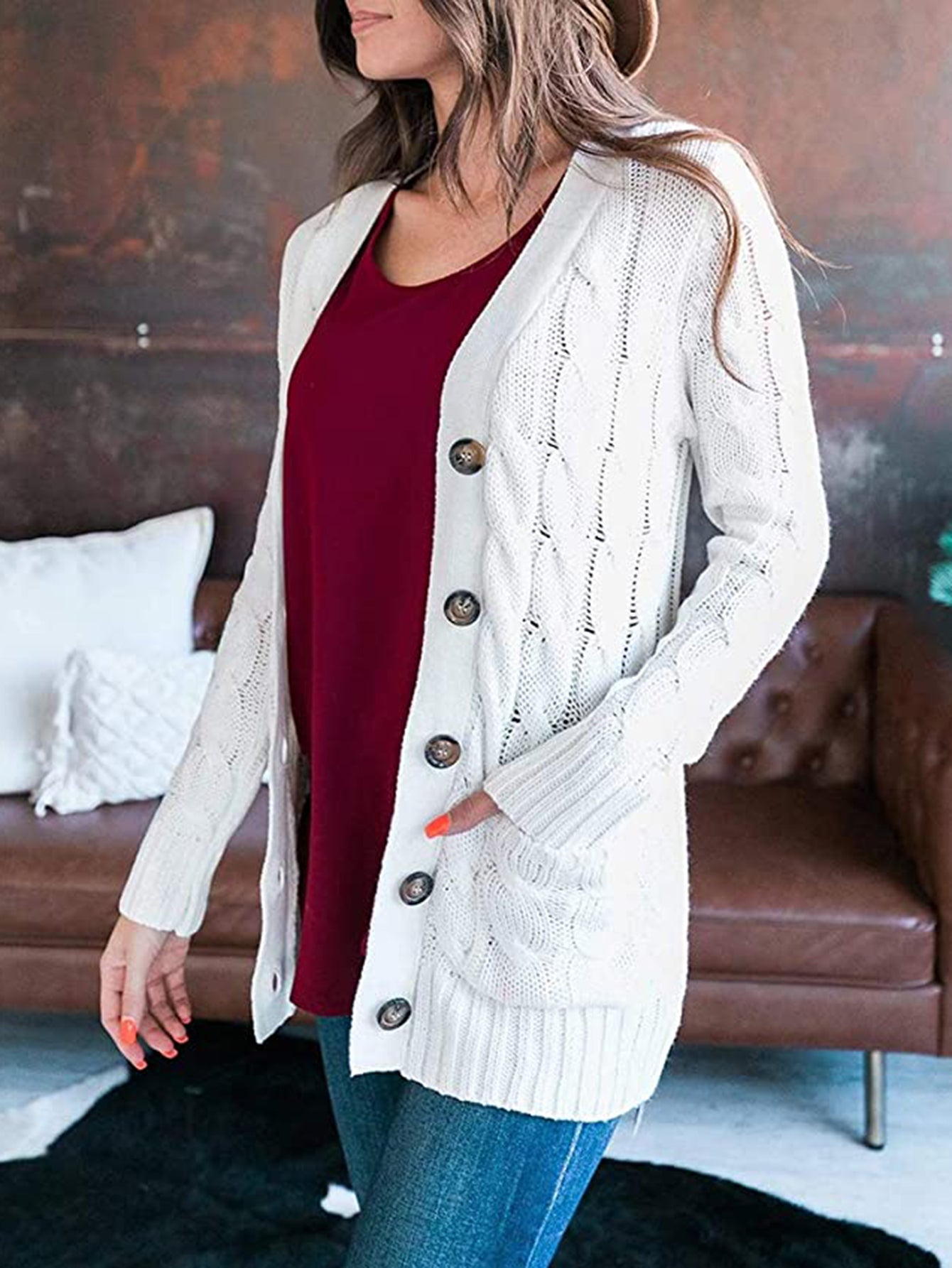 Cable-Knit Buttoned Cardigan with Pockets - The Boutie Shop