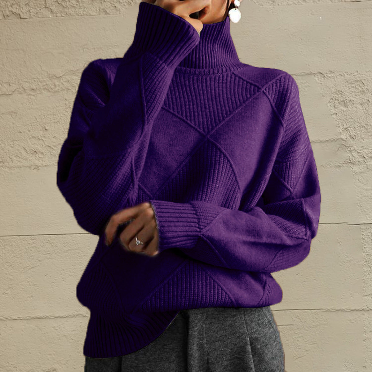 Geometric Turtleneck Long Sleeve Sweater - The Boutie Shop