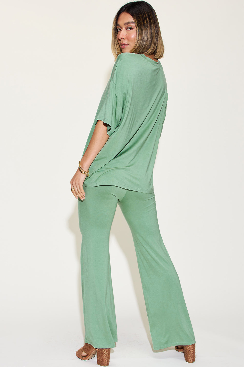 Basic Bae Full Size Bamboo Drop Shoulder T-Shirt and Flare Pants Set - The Boutie Shop