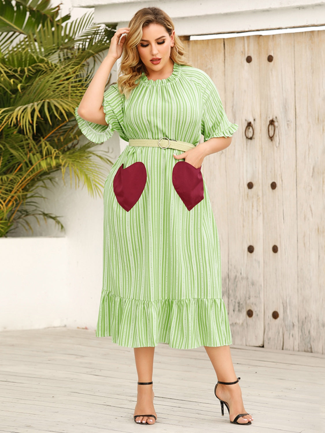 Plus Size Frill Heart Striped Half Sleeve Dress - The Boutie Shop