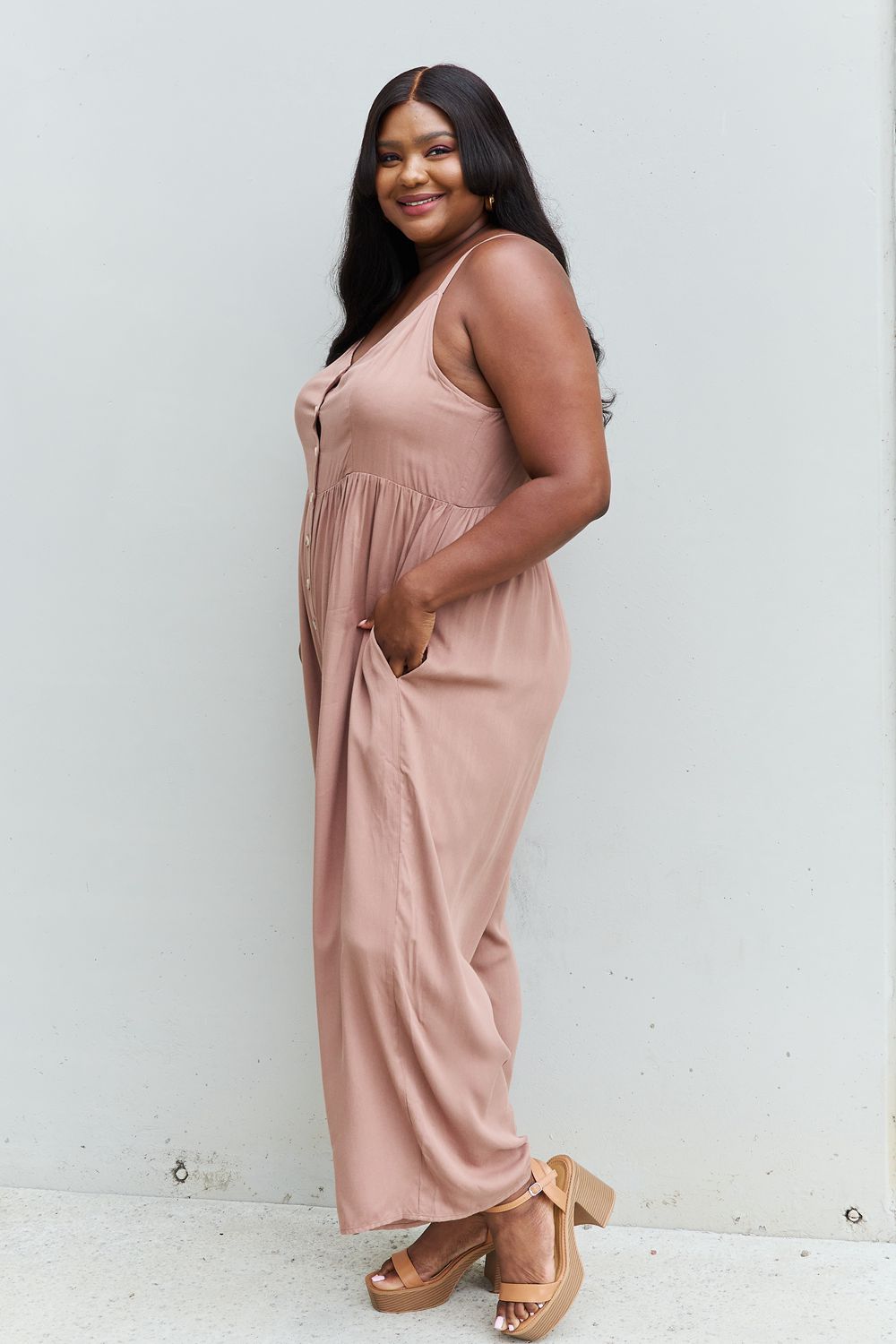 HEYSON All Day Full Size Wide Leg Button Down Jumpsuit in Mocha - The Boutie Shop