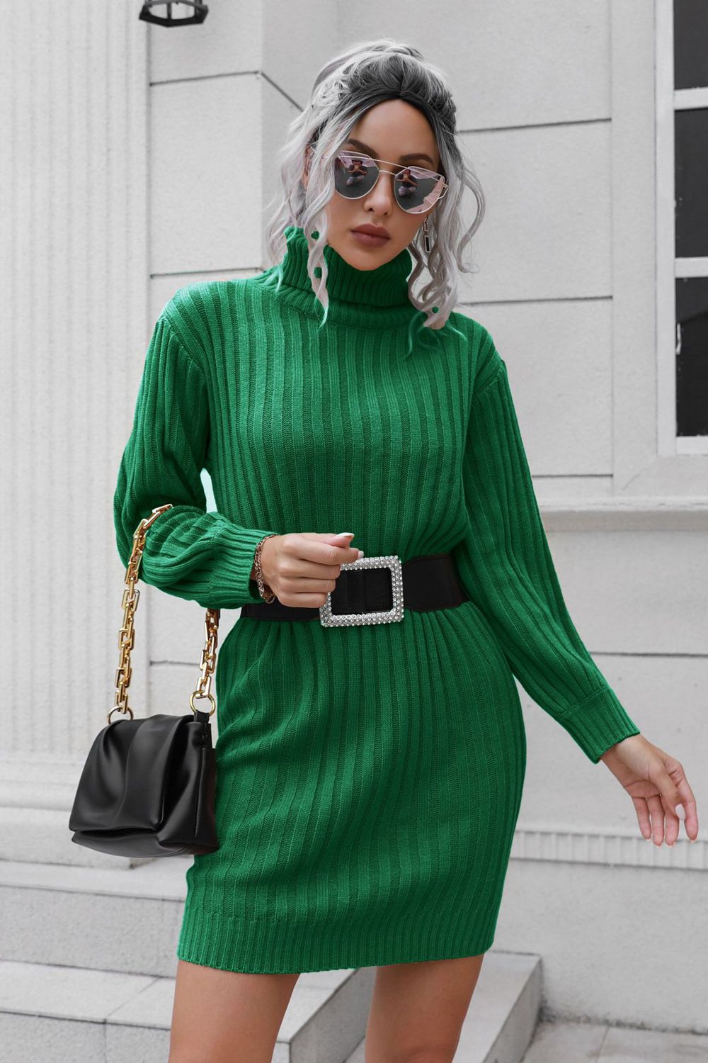 Ribbed Turtle Neck Long Sleeve Mini Sweater Dress - The Boutie Shop