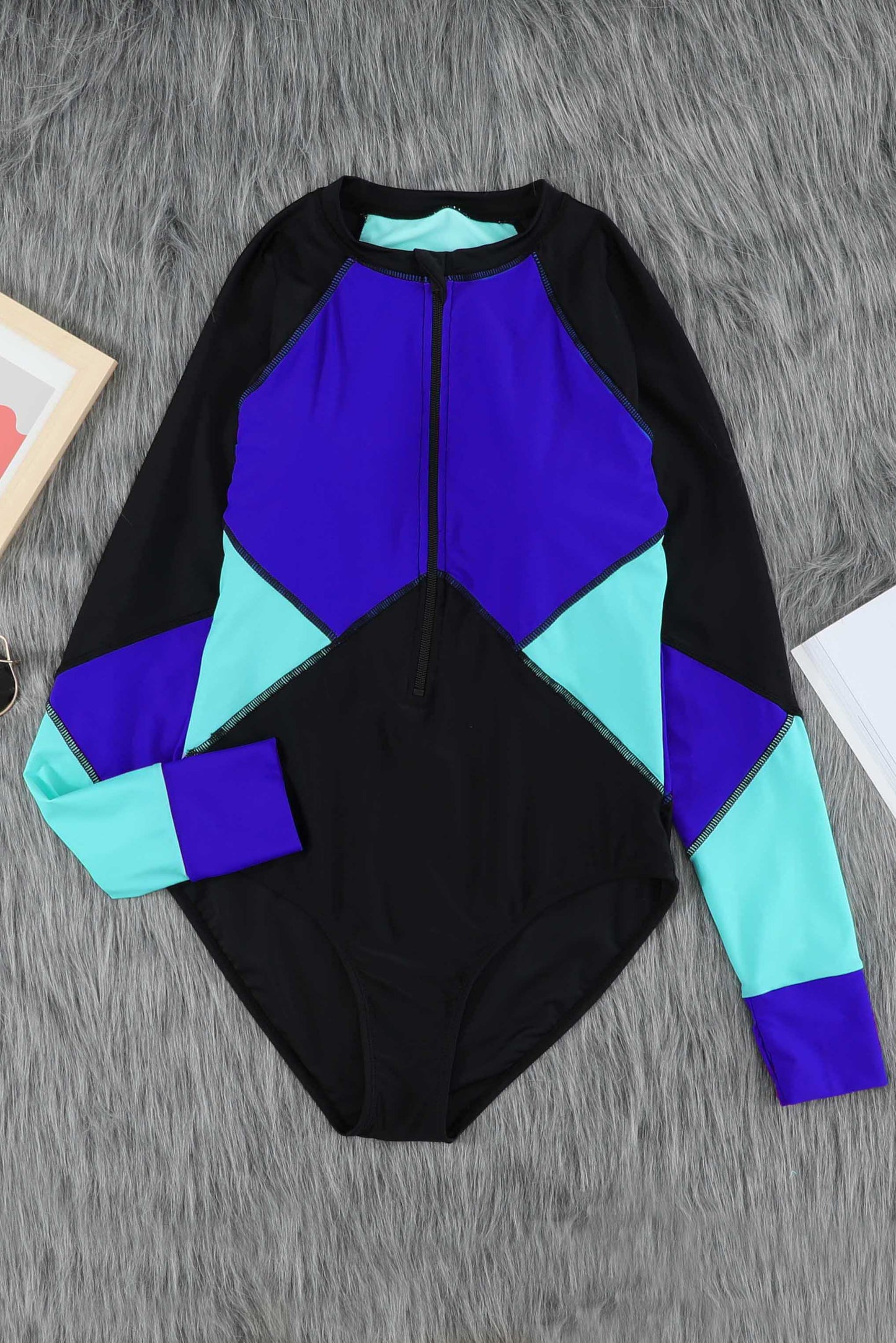 Color Block Half Zip Long Sleeve One-Piece Swimsuit - The Boutie Shop