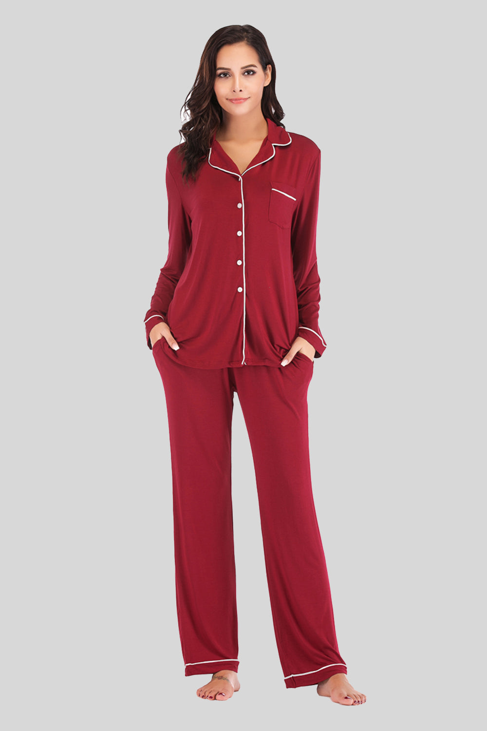 Collared Neck Long Sleeve Loungewear Set with Pockets - The Boutie Shop