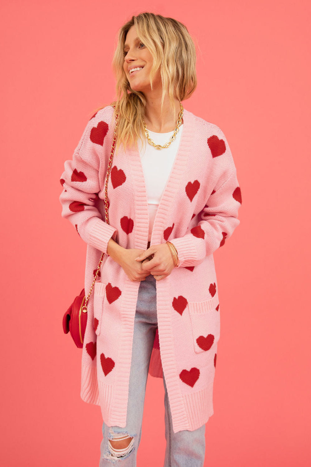 Heart Graphic Open Front Cardigan with Pockets - The Boutie Shop