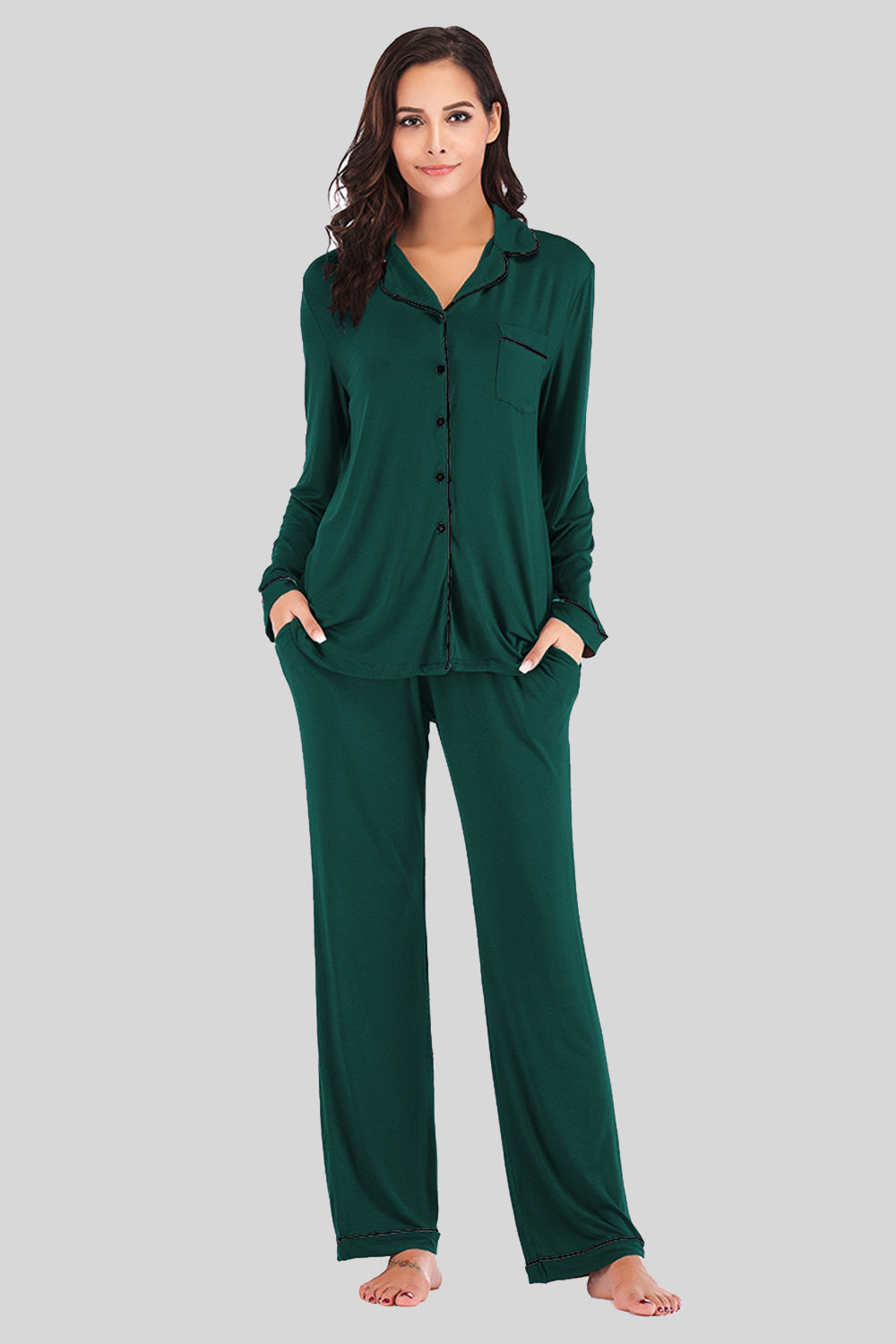 Collared Neck Long Sleeve Loungewear Set with Pockets - The Boutie Shop