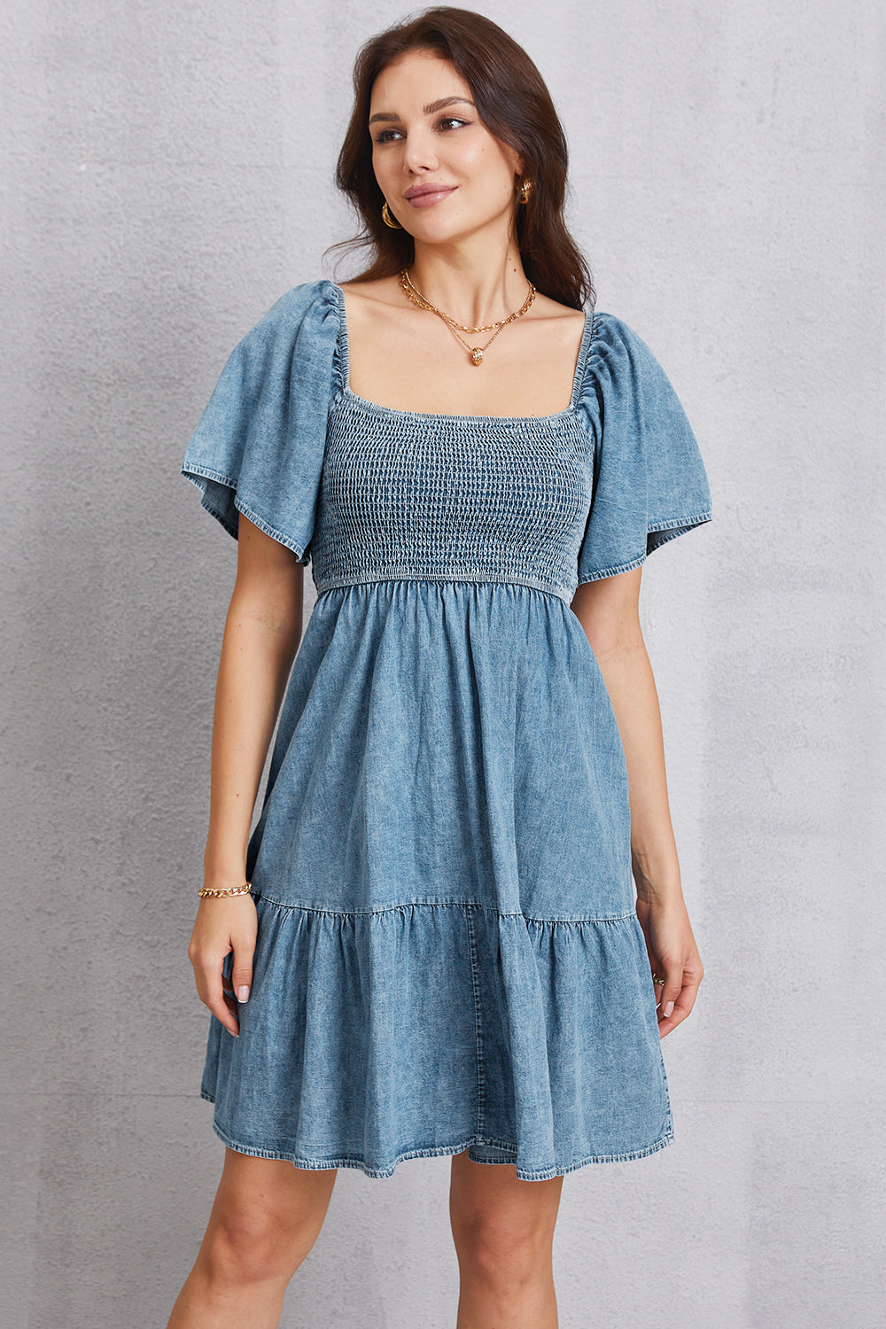 Smocked Square Neck Mini Denim Dress - The Boutie Shop