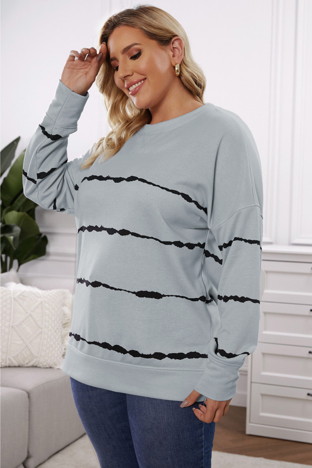 Plus Size Round Neck Dropped Shoulder Sweatshirt - The Boutie Shop