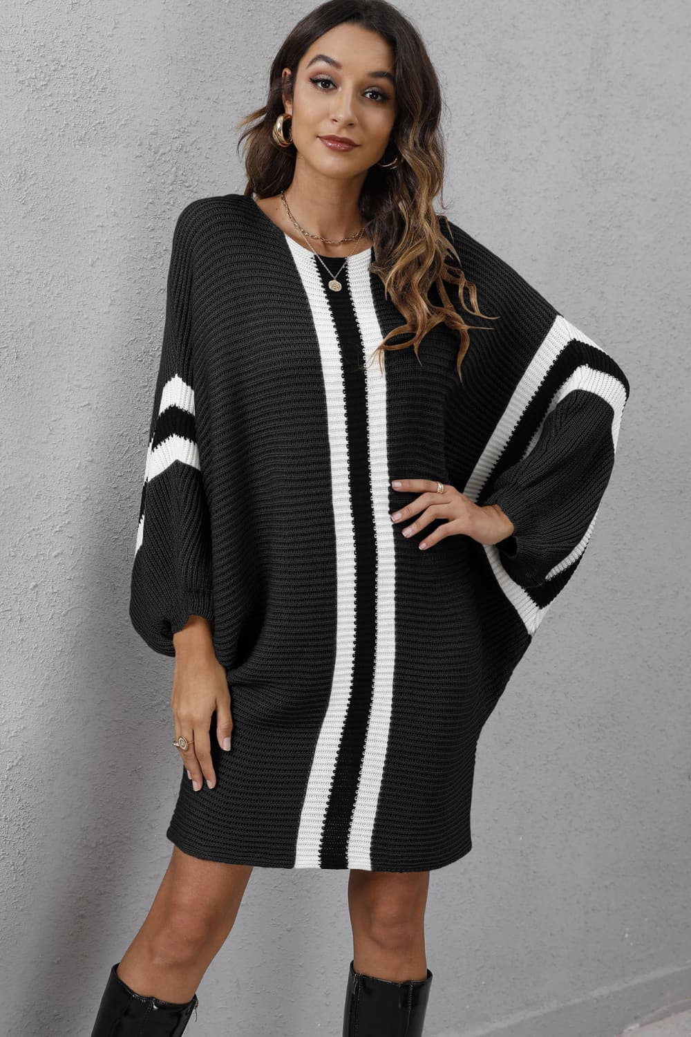 Ribbed Round Neck Long Sleeve Sweater Dress - The Boutie Shop