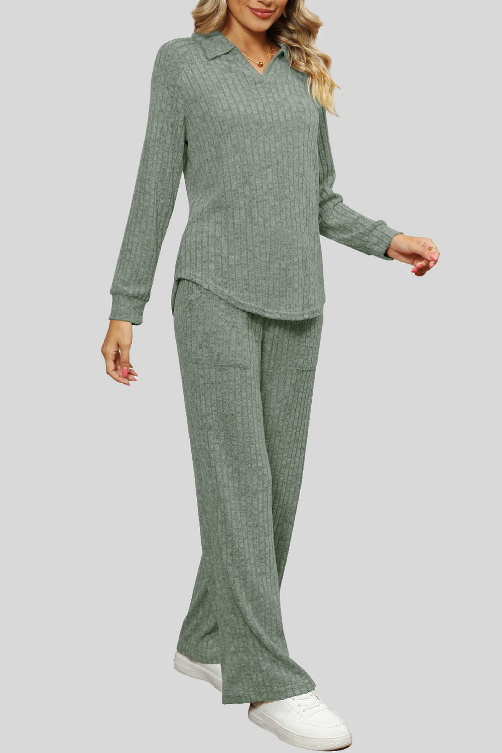 Ribbed Long Sleeve Top and Pocketed Pants Set - The Boutie Shop