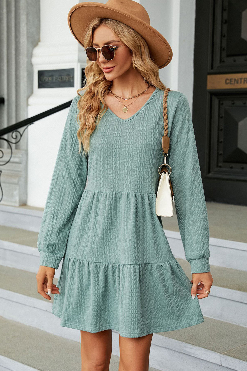 V-Neck Long Sleeve Mini Dress - The Boutie Shop