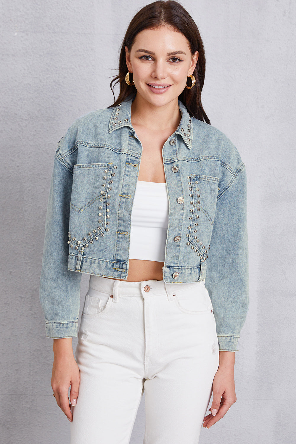 Studded Dropped Shoulder Denim Jacket - The Boutie Shop