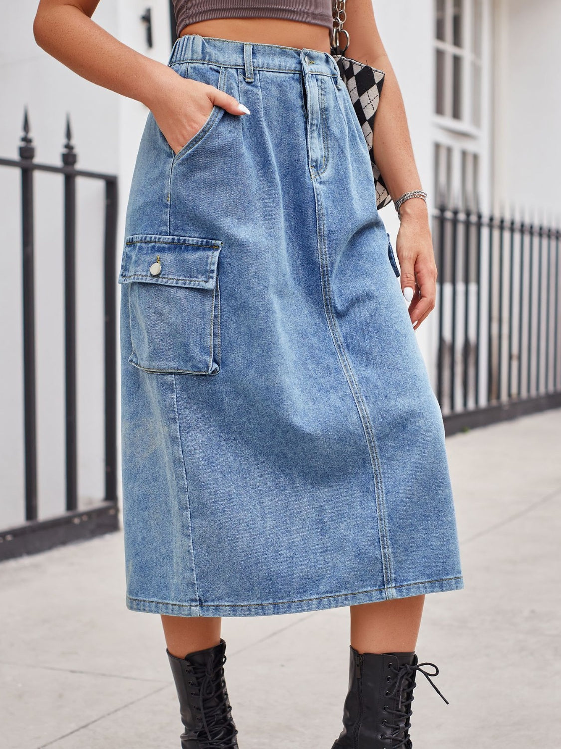 Slit Buttoned Denim Skirt with Pockets - The Boutie Shop