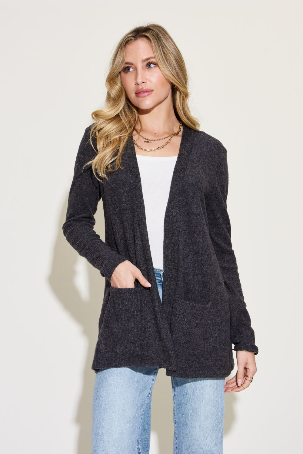 Zenana Open Front Long Sleeve Cardigan - The Boutie Shop