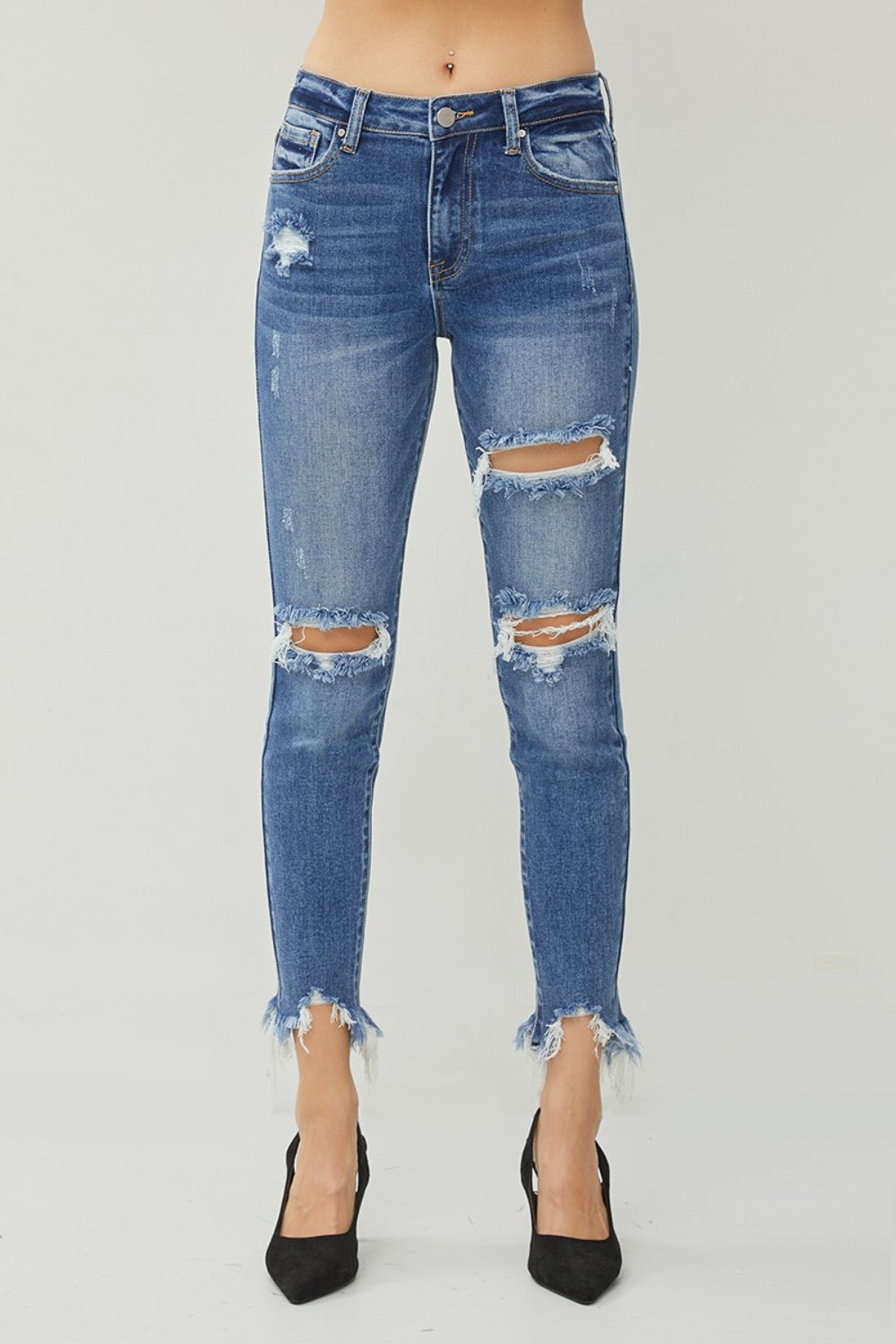 RISEN Distressed Frayed Hem Slim Jeans - The Boutie Shop