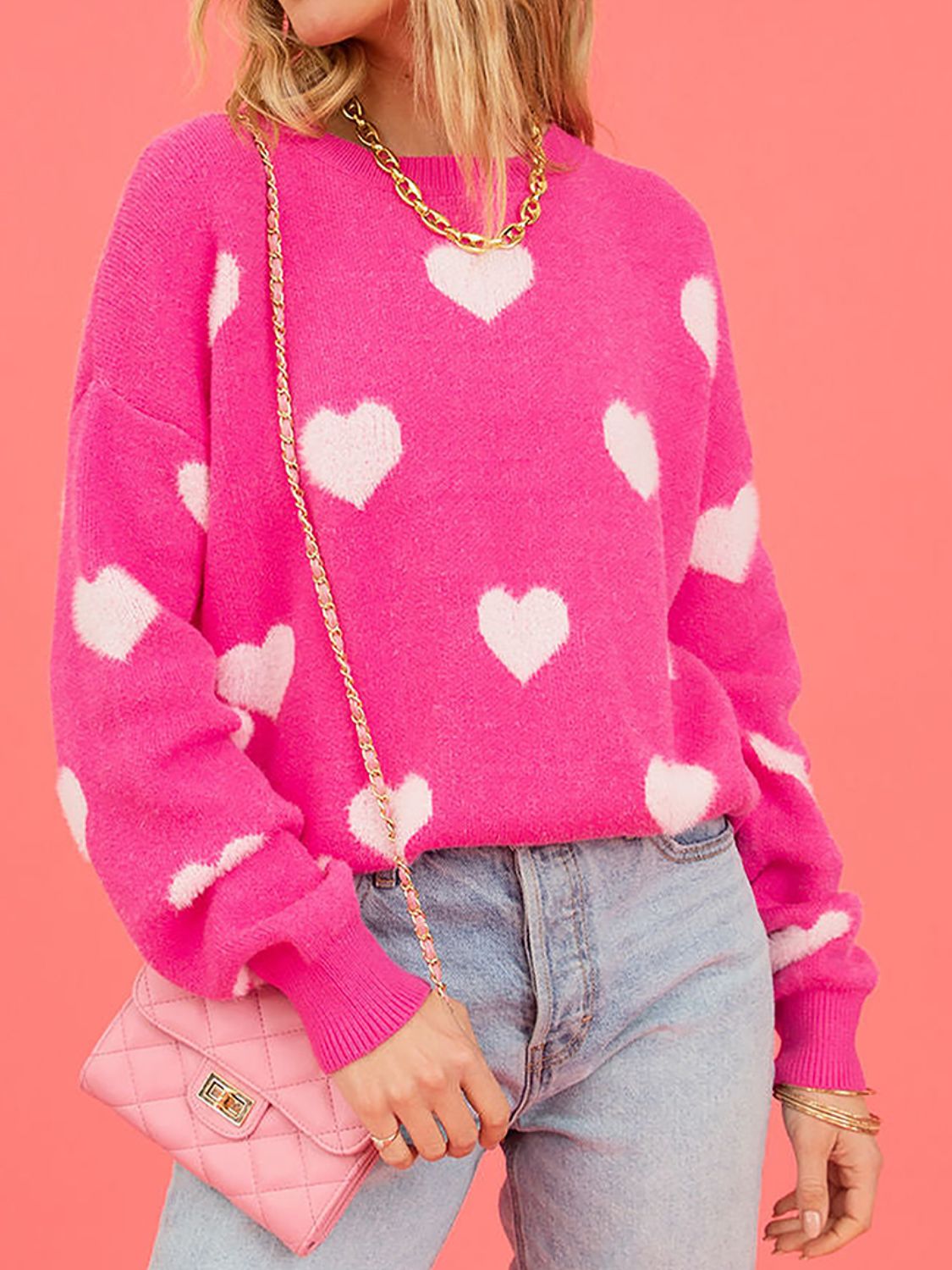 Heart Round Neck Dropped Shoulder Sweater - The Boutie Shop