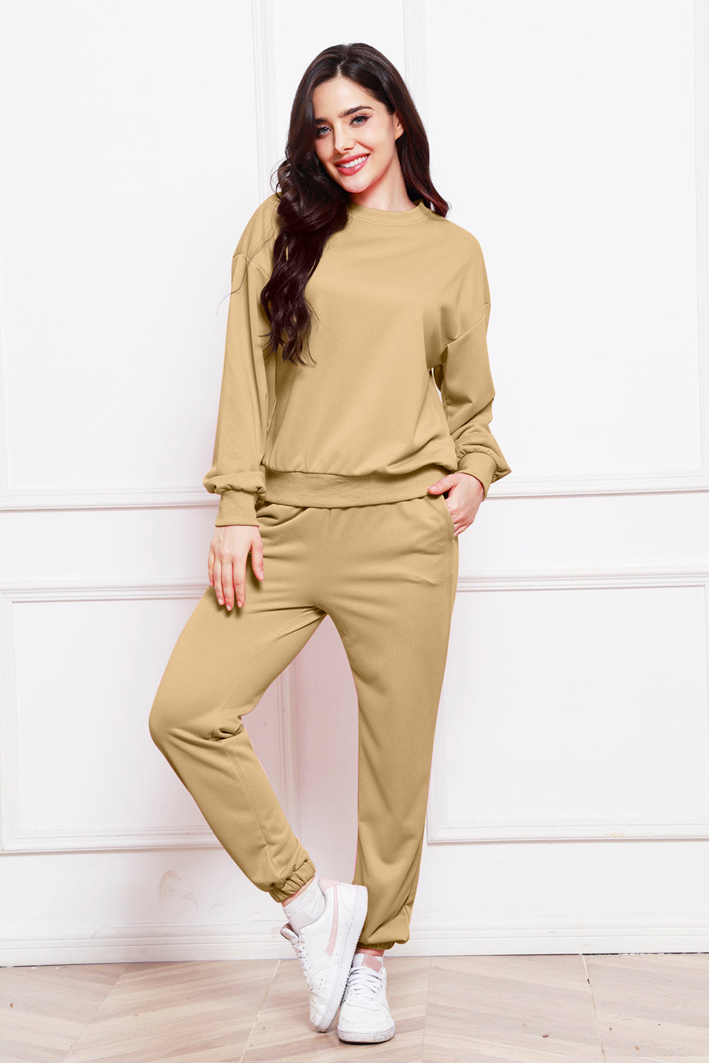 Round Neck Long Sleeve Sweatshirt and Pants Set - The Boutie Shop