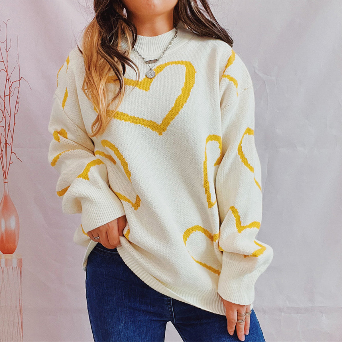 Heart Pattern Long Sleeve Sweater - The Boutie Shop