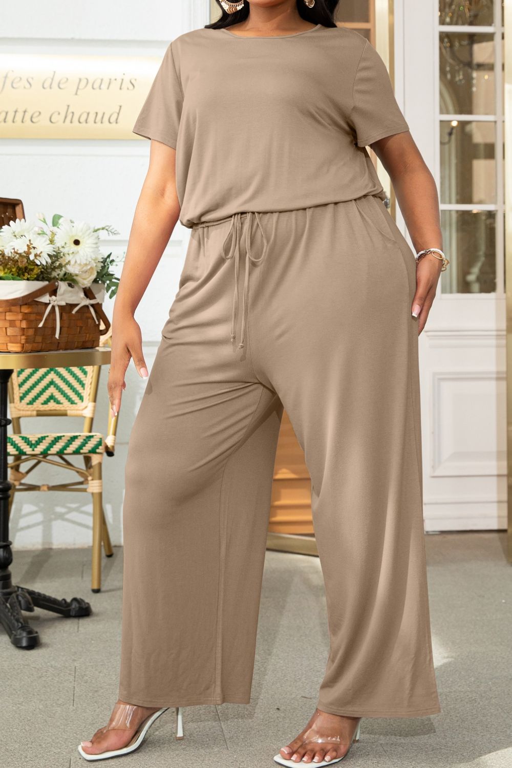 Plus Size Drawstring Waist Short Sleeve Jumpsuit - The Boutie Shop