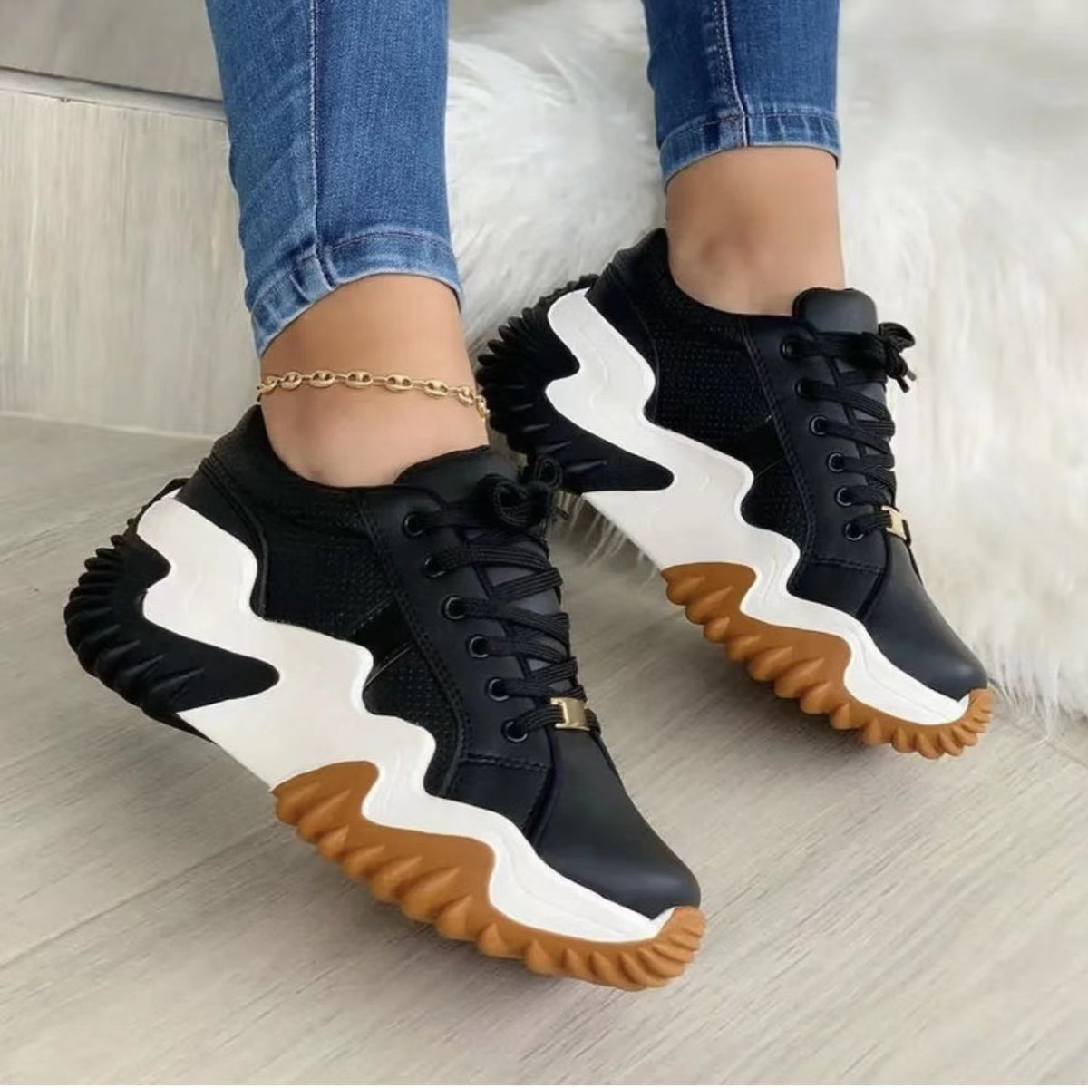 Lace-Up PU Leather Platform Sneakers - The Boutie Shop