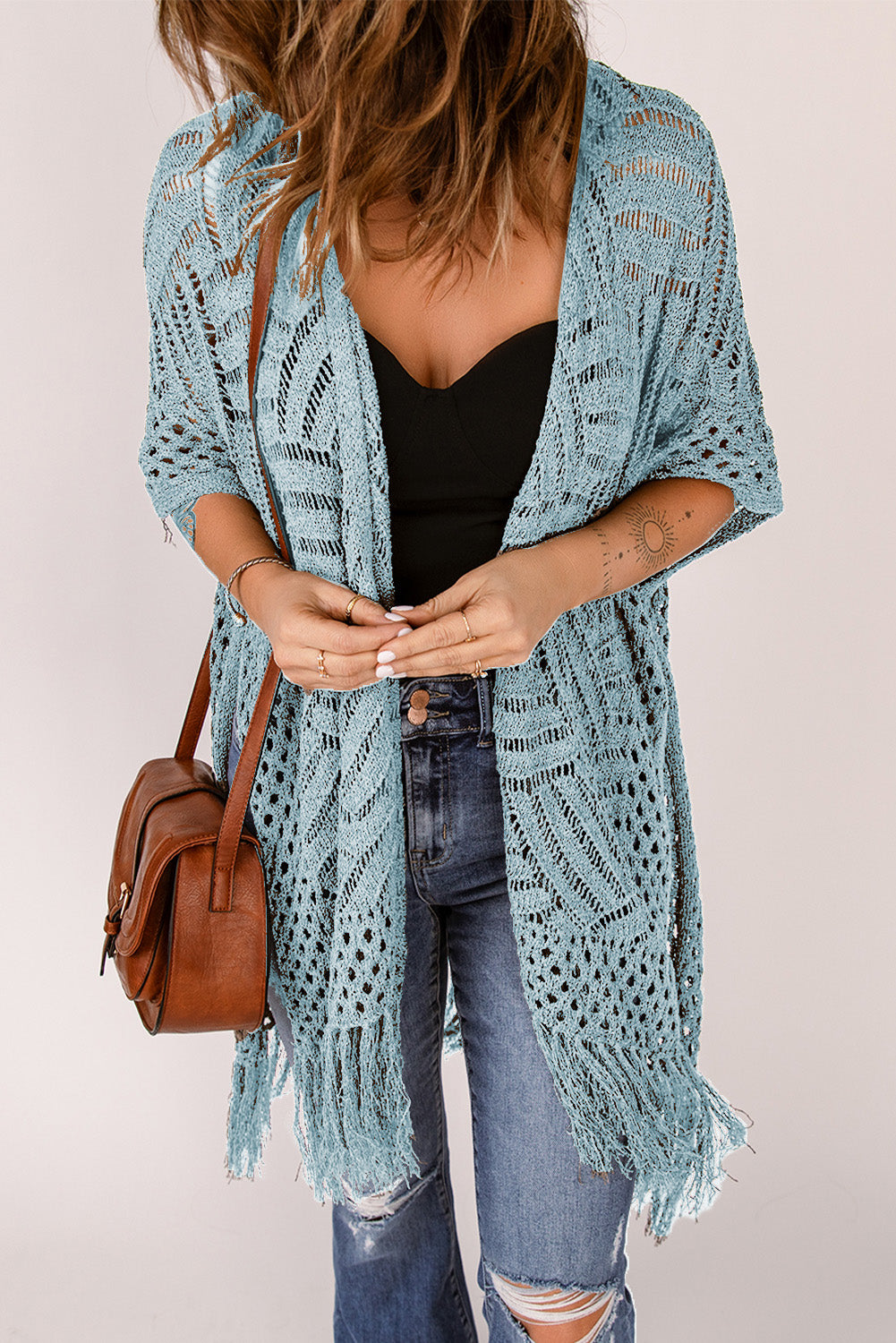 Openwork Open Front Cardigan with Fringes - The Boutie Shop