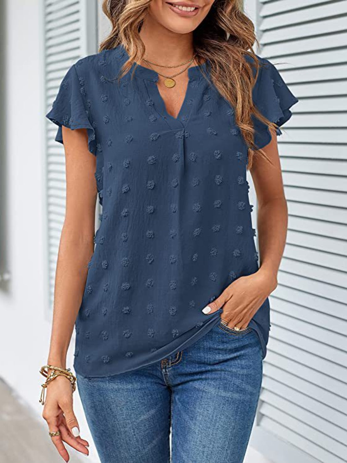 Swiss Dot Notched Cap Sleeve Blouse - The Boutie Shop