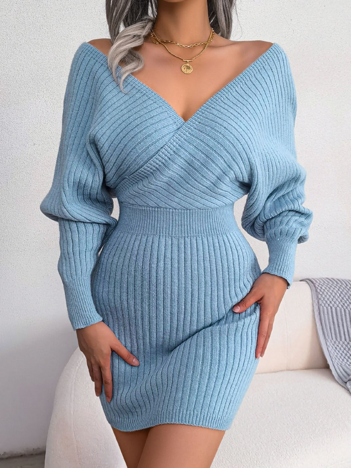 Rib-Knit Dolman Sleeve Sweater Dress - The Boutie Shop