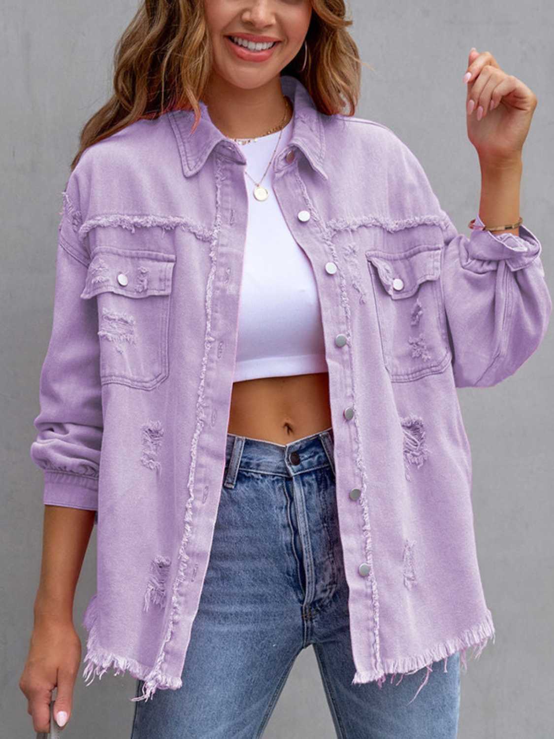 Distressed Drop Shoulder Denim Jacket - The Boutie Shop