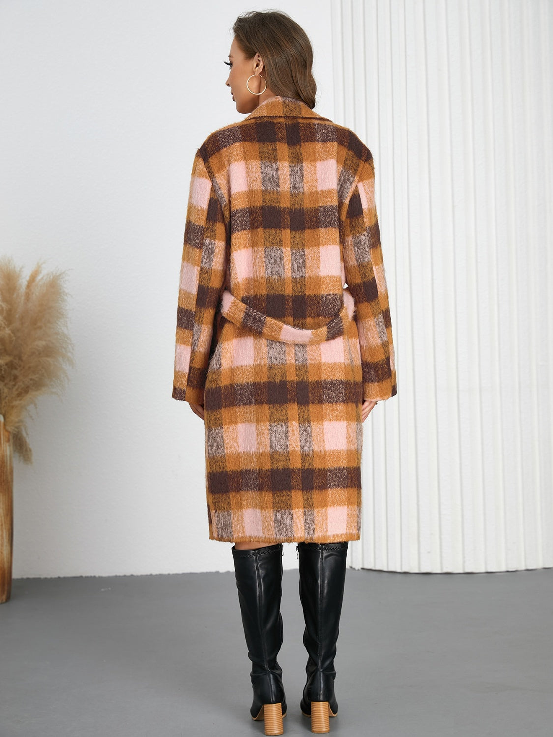 Tied Plaid Collared Neck Coat