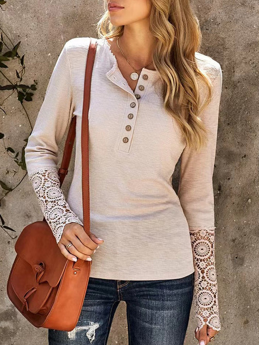 Lace Detail Half Button Long Sleve Knit Top - The Boutie Shop