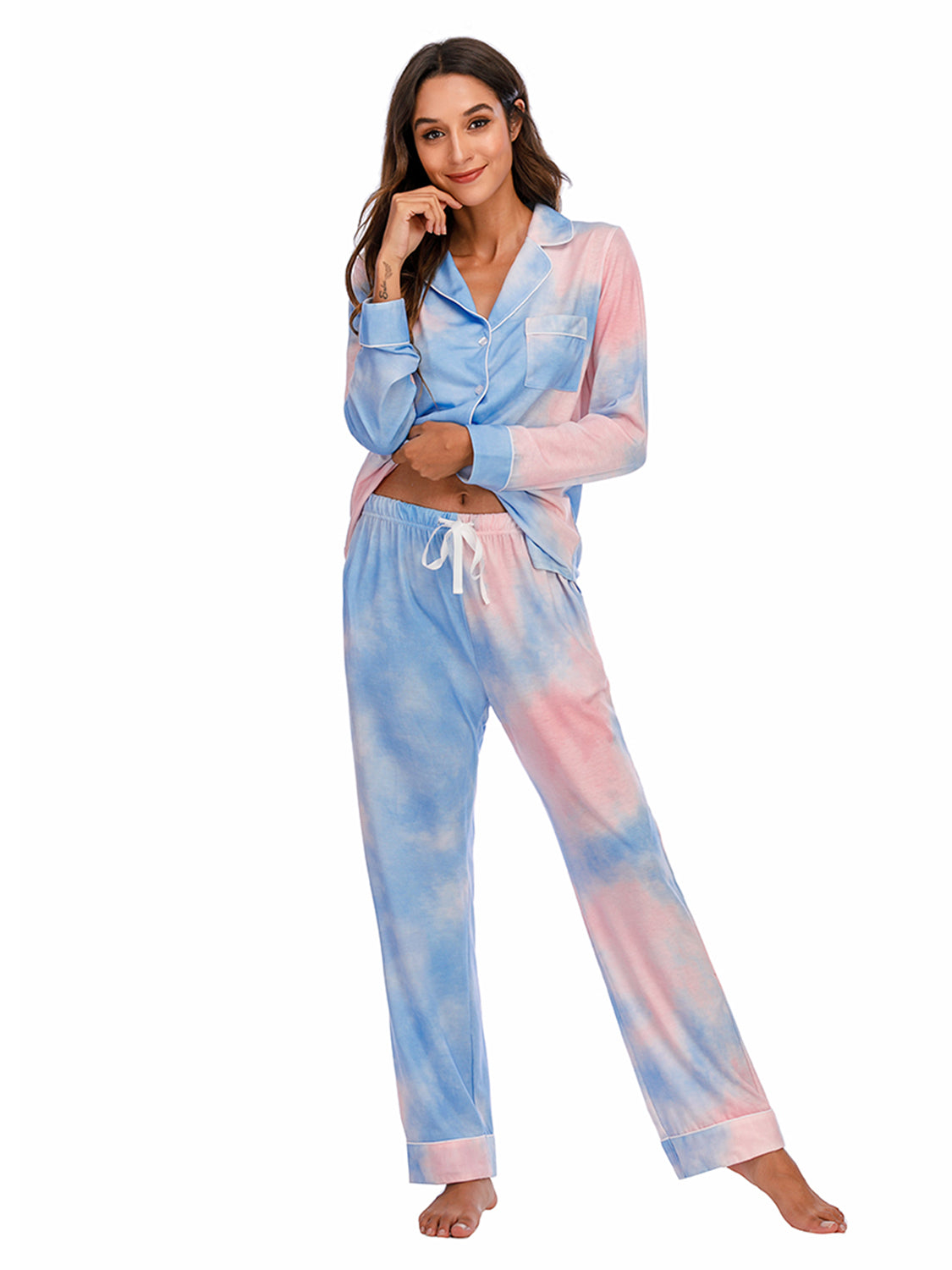 Collared Neck Long Sleeve Loungewear Set with Pockets - The Boutie Shop