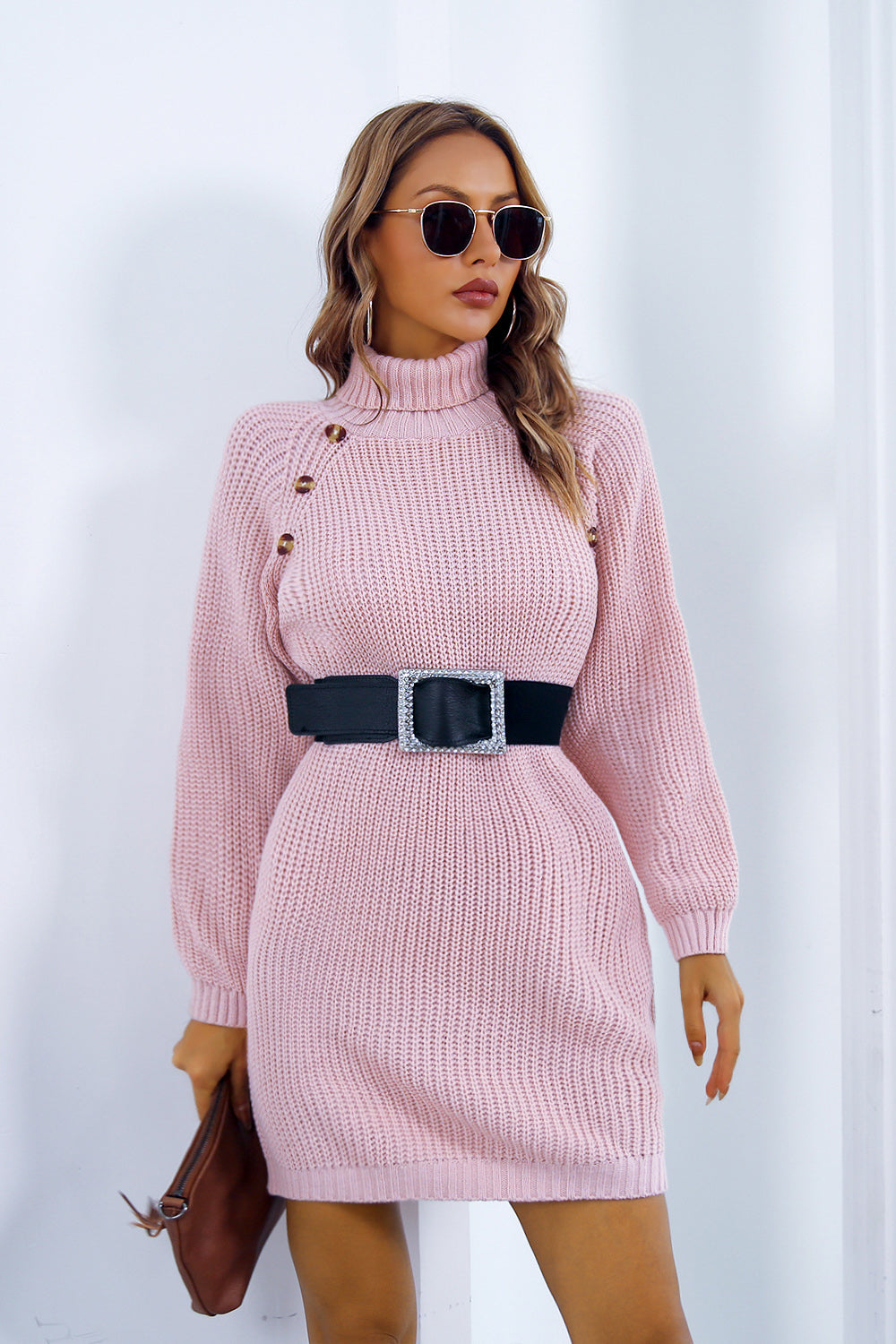 Buttoned Turtleneck Long Sleeve Sweater Dress - The Boutie Shop