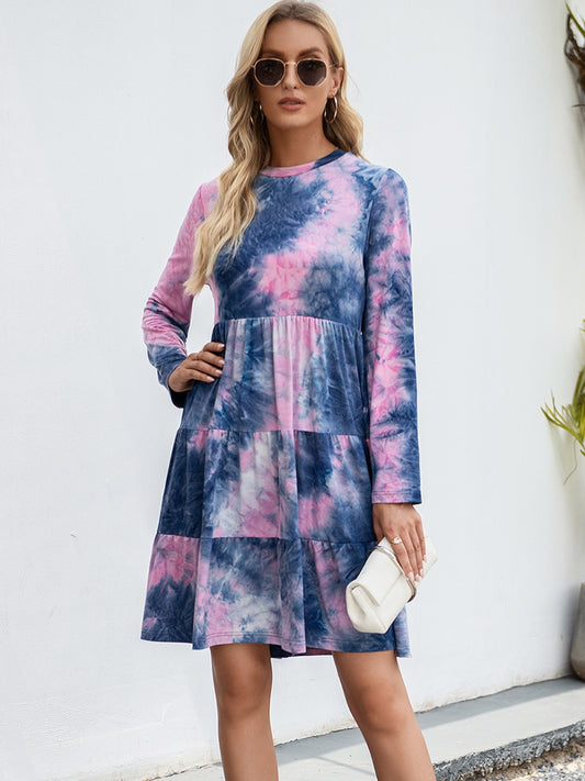 Ivy Lane Tie-Dye Round Neck Long Sleeve Tiered Dress - The Boutie Shop