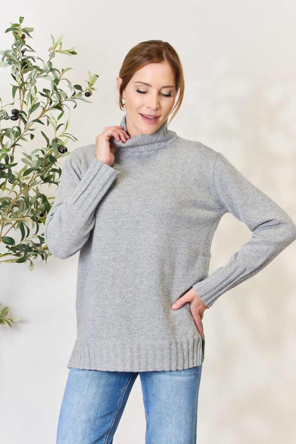 Heimish Full Size Turtleneck Long Sleeve Slit Sweater - The Boutie Shop