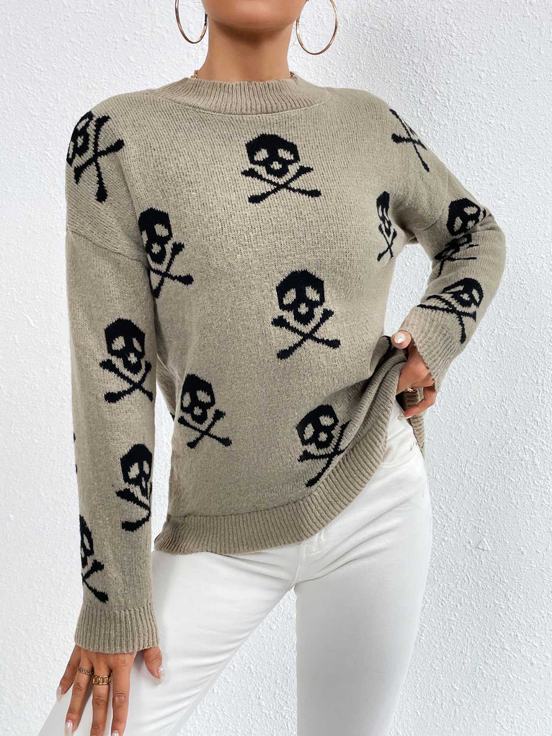 Patterned Drop Shoulder Sweater - The Boutie Shop