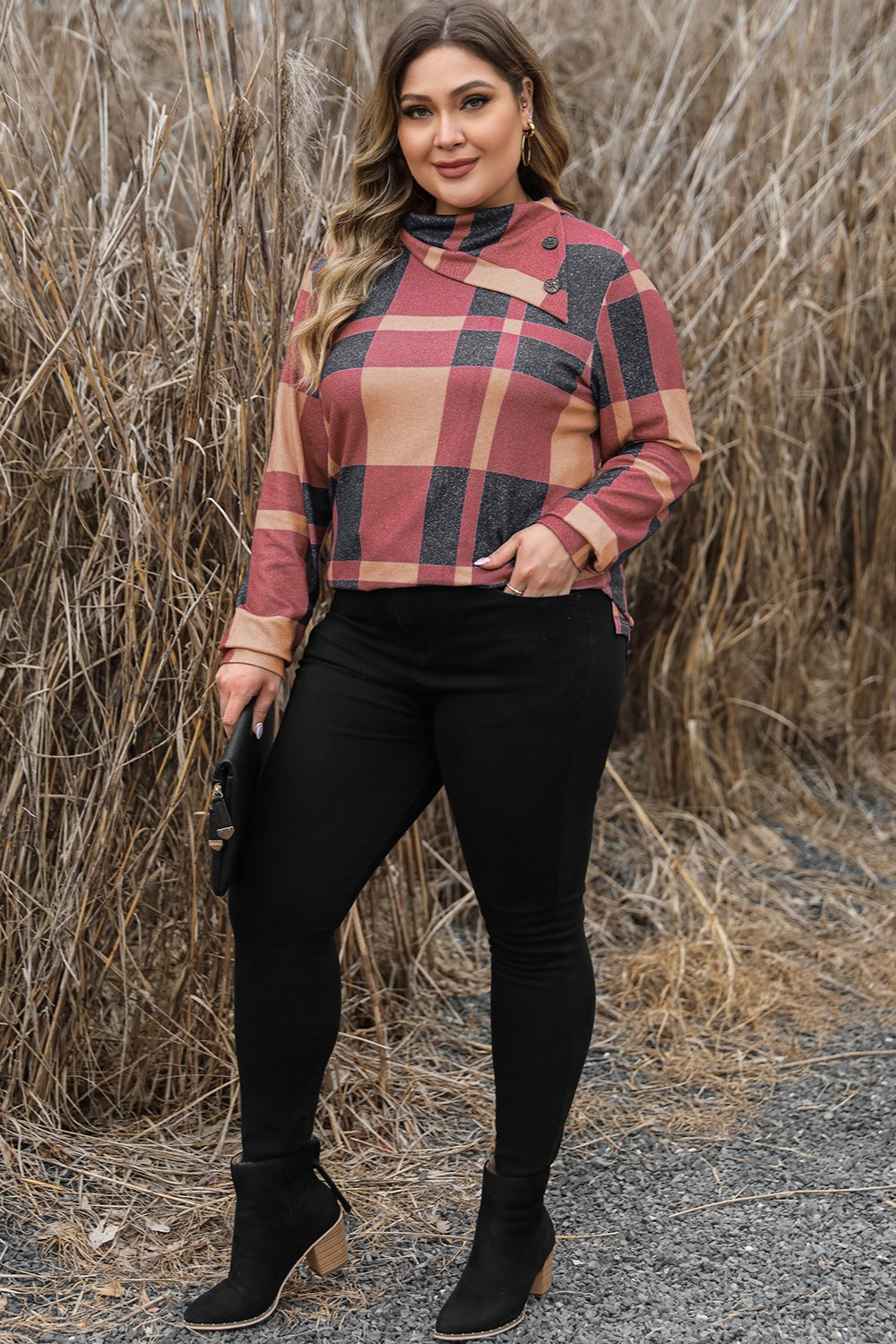 Plus Size Plaid Cowl Neck Long Sleeve Sweatshirt - The Boutie Shop