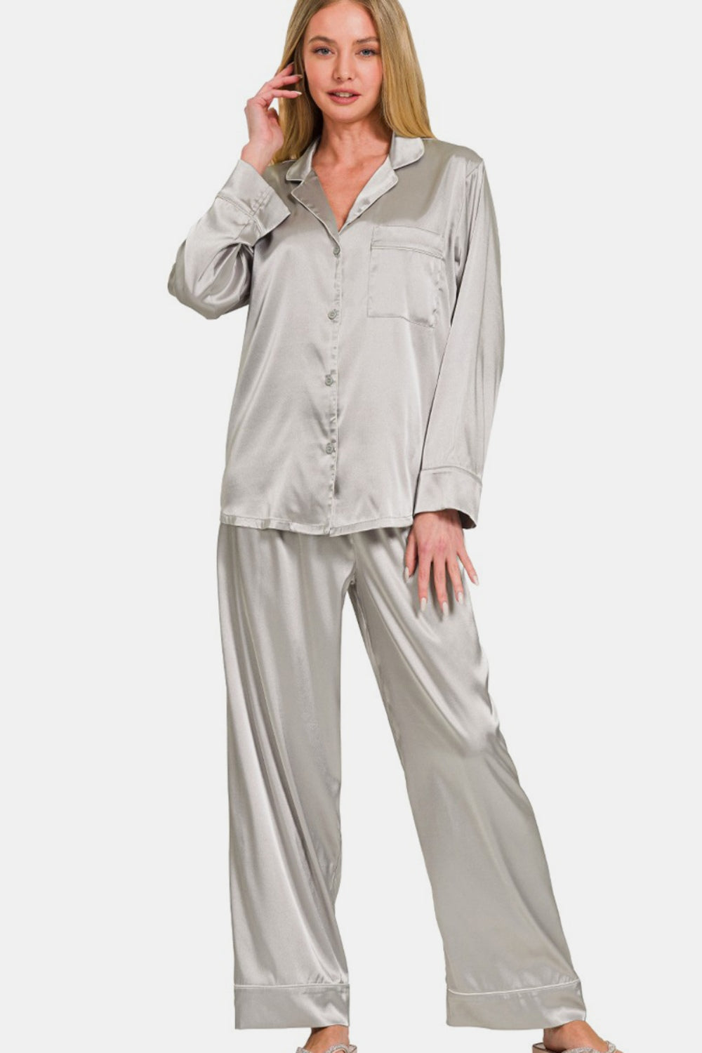 Zenana Satin Long Sleeve Shirt and Pants Pajama Set - The Boutie Shop