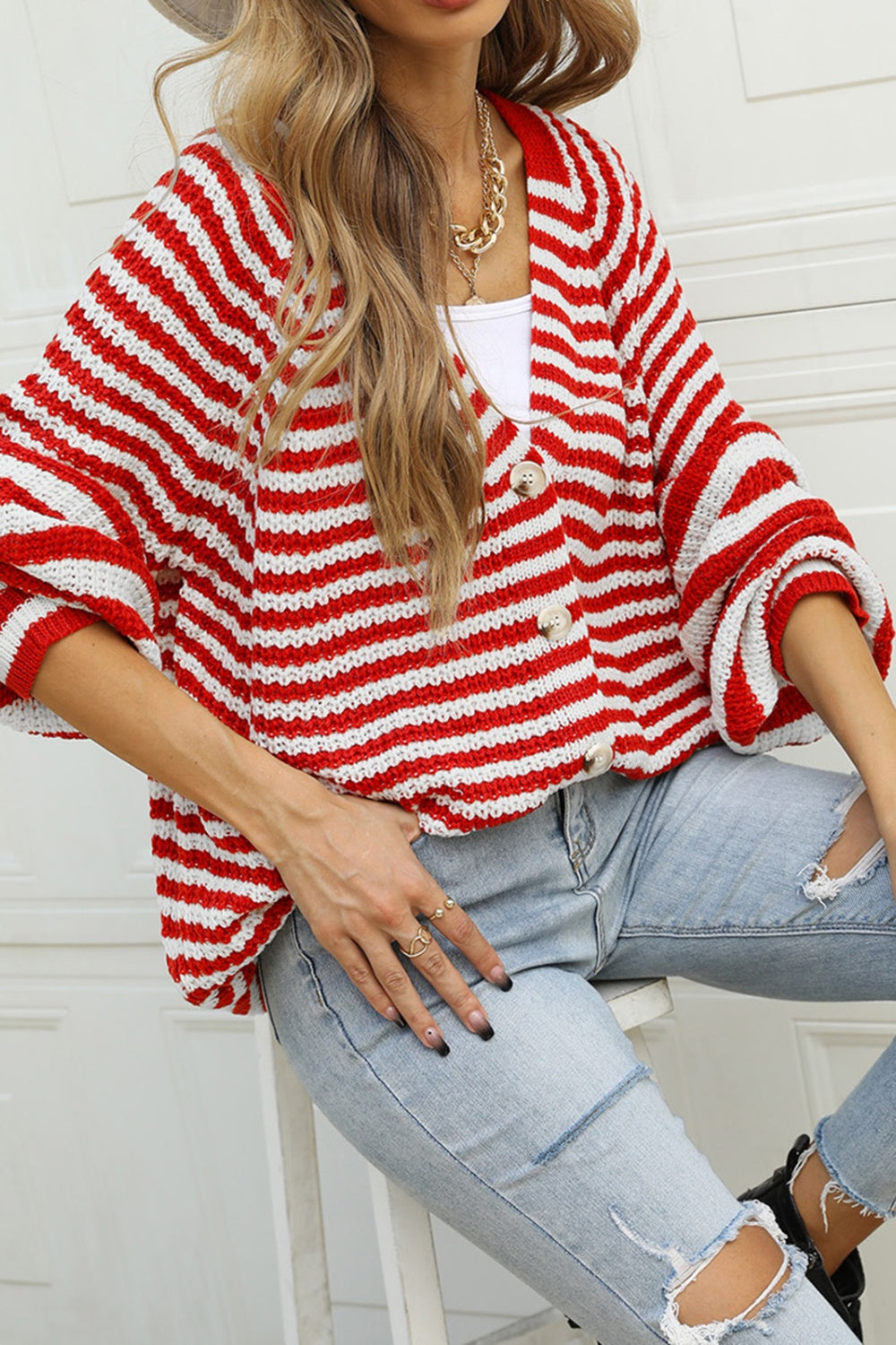 Angel Wings Striped Button Up Long Sleeve Cardigan - The Boutie Shop