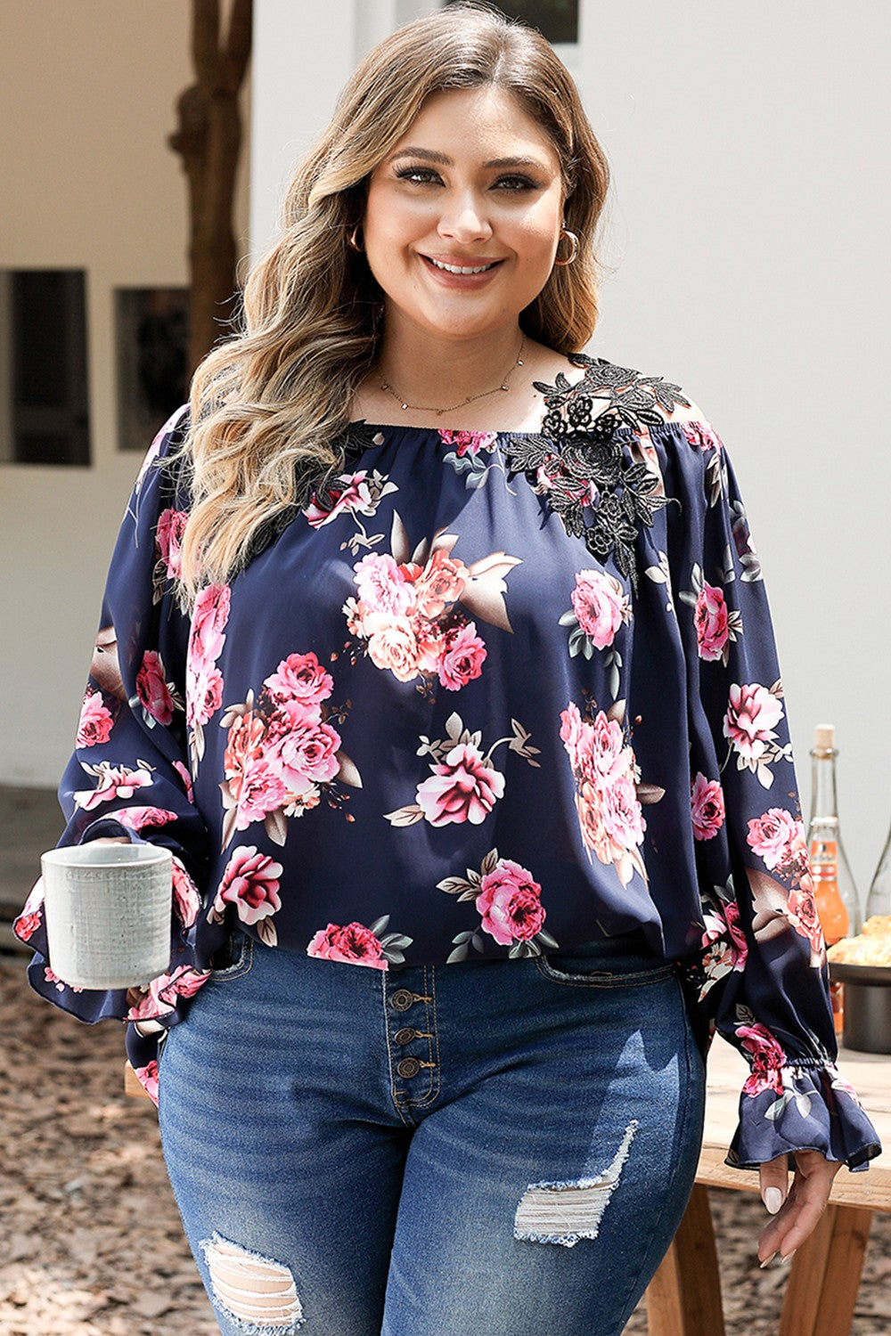 Plus Size Floral Flounce Sleeve Blouse - The Boutie Shop