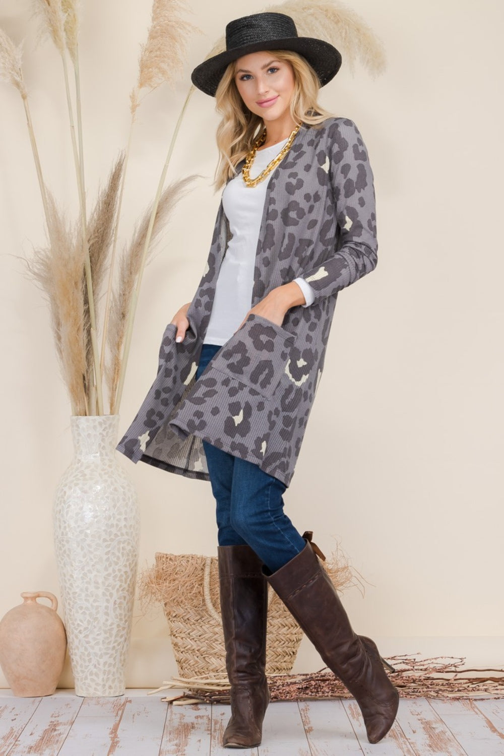 Celeste Full Size Leopard Open Front Contrast Cardigan - The Boutie Shop