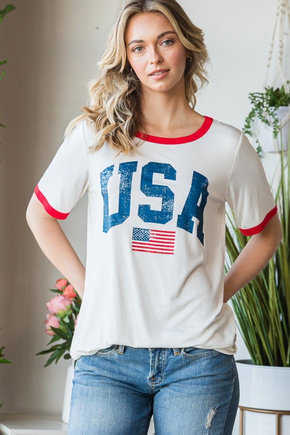 Heimish Full Size USA Contrast Trim Short Sleeve T-Shirt - The Boutie Shop