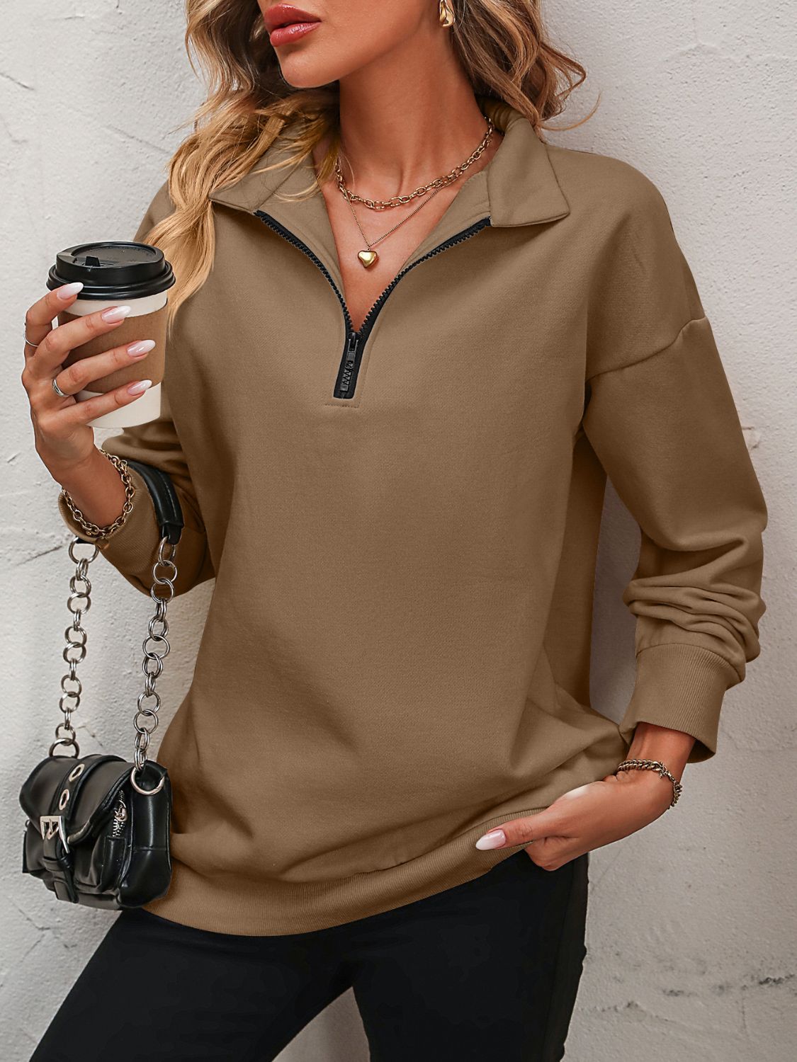 Mandy Zip-Up Dropped Shoulder Sweatshirt - The Boutie Shop