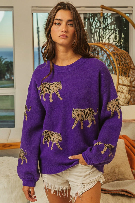 BiBi Tiger Pattern Long Sleeve Sweater - The Boutie Shop