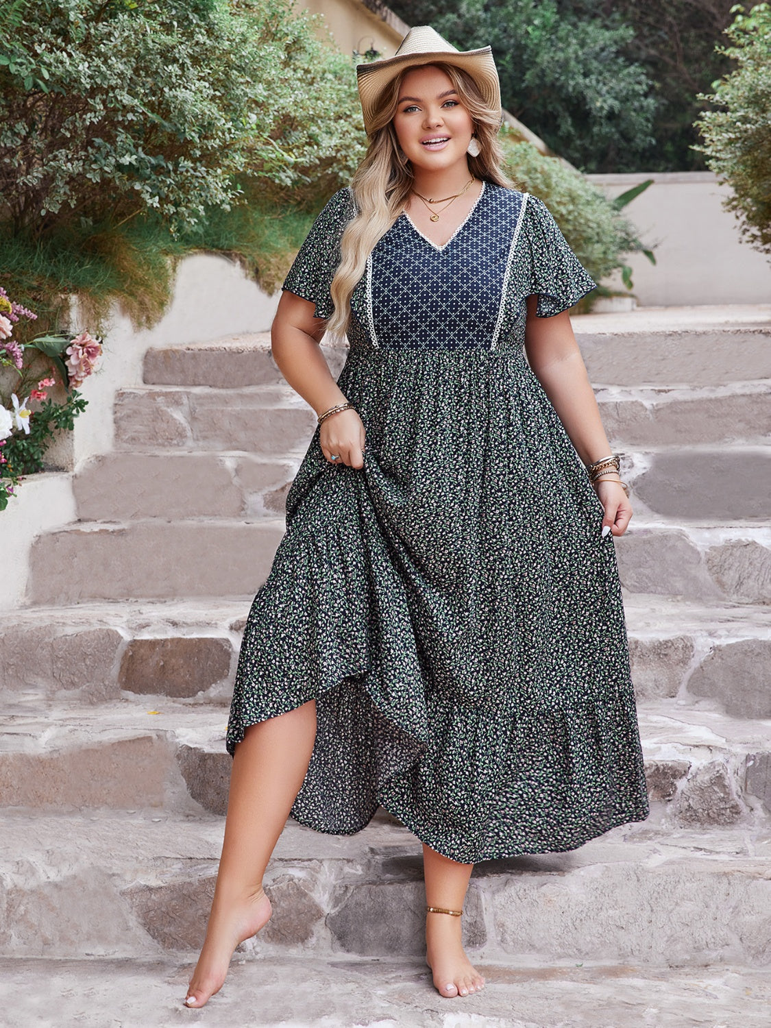 Plus Size Printed V-Neck Flutter Sleeve Midi Dress - The Boutie Shop