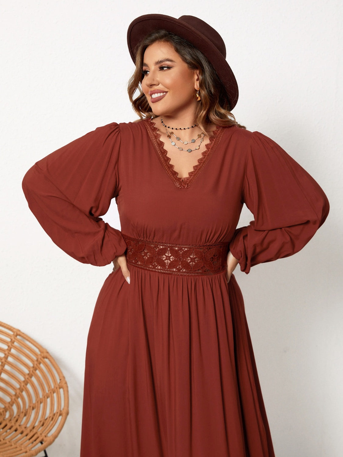 Plus Size Lace Detail V-Neck Balloon Sleeve Dress - The Boutie Shop