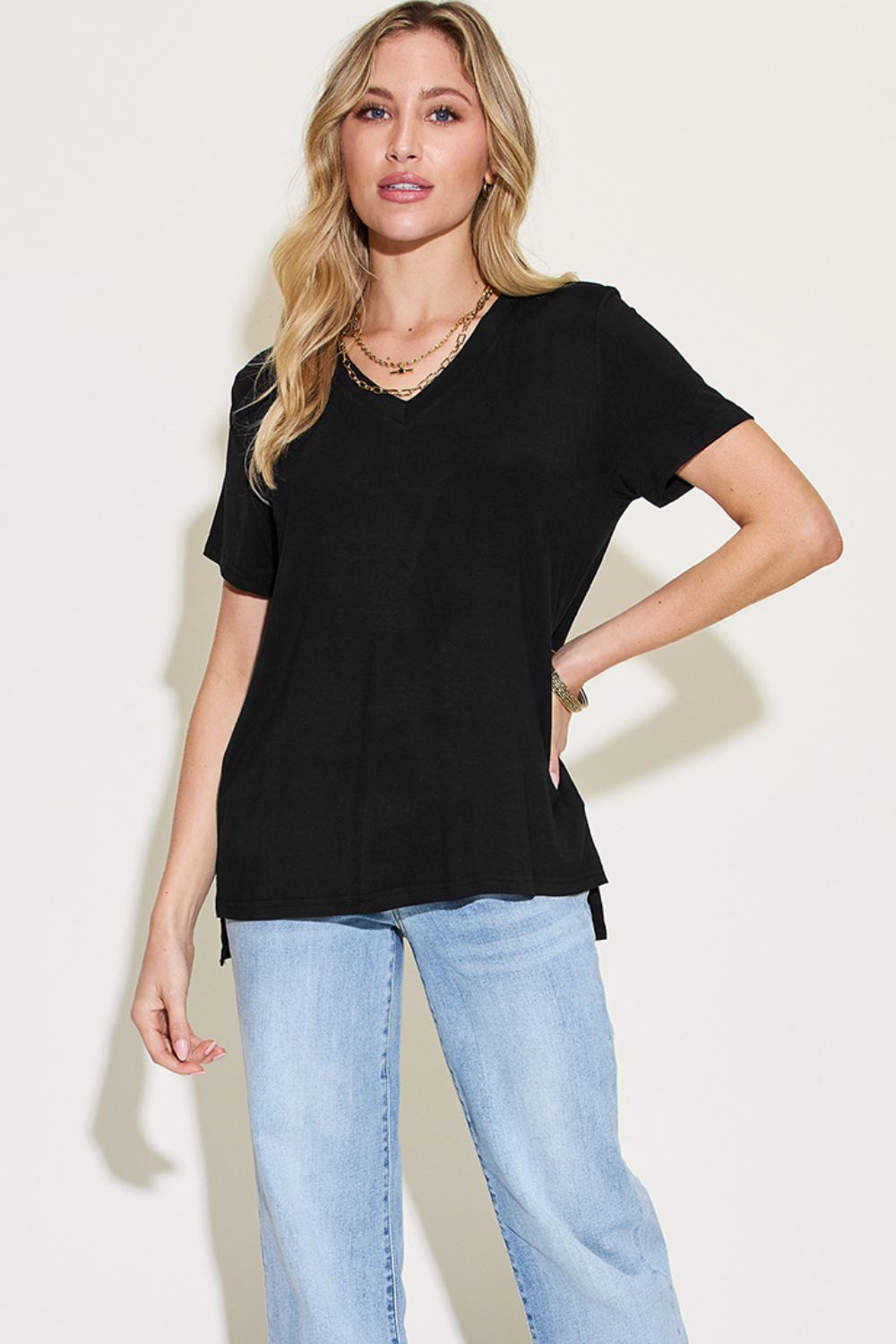 Basic Bae Full Size V-Neck High-Low T-Shirt - The Boutie Shop