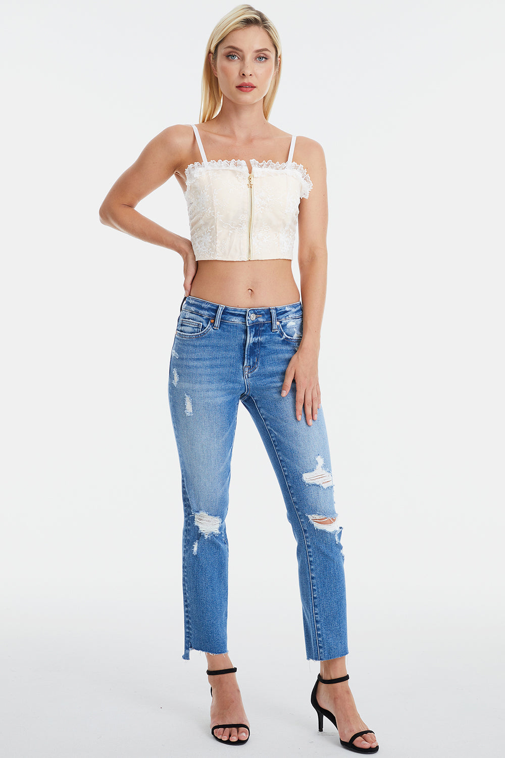 BAYEAS Full Size Mid Waist Distressed Ripped Straight Jeans - The Boutie Shop