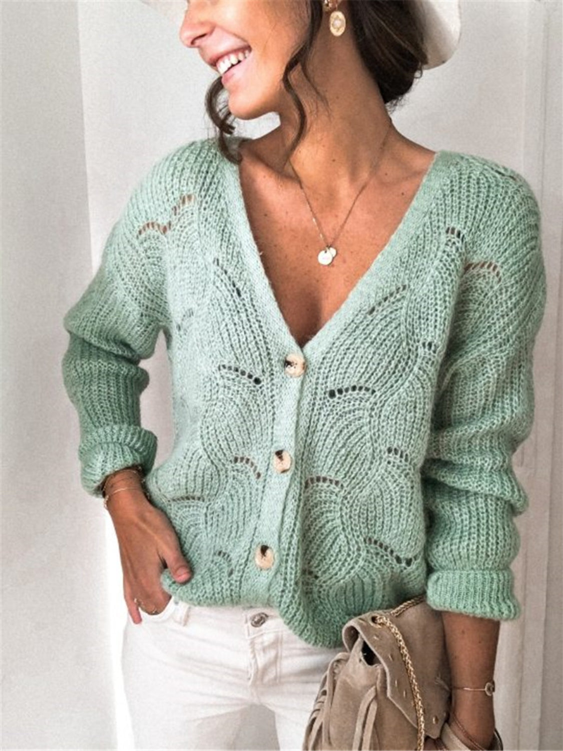 Openwork Button Up Long Sleeve Cardigan - The Boutie Shop