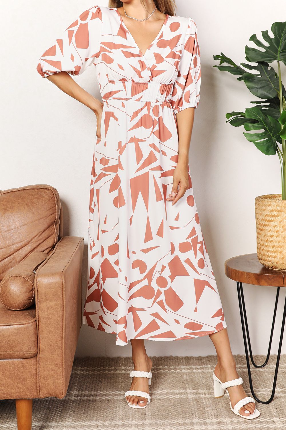 Printed Surplice Balloon Sleeve Dress - The Boutie Shop