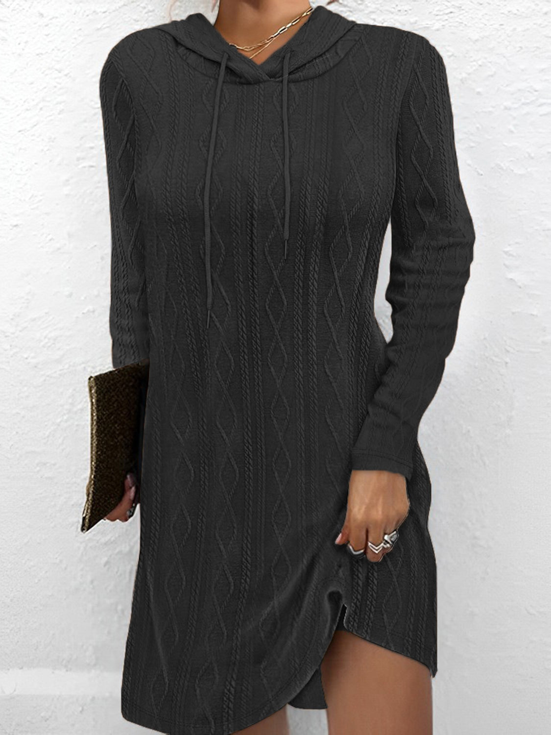 Textured Drawstring Long Sleeve Hooded Dress - The Boutie Shop